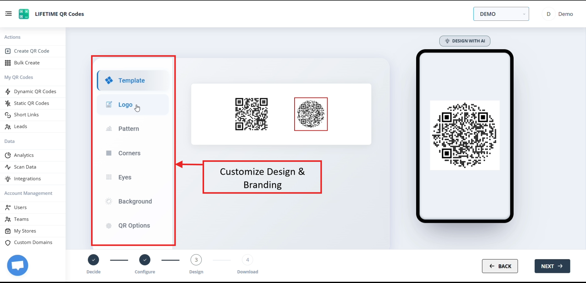 Screenshot of Customize Design & Branding flow